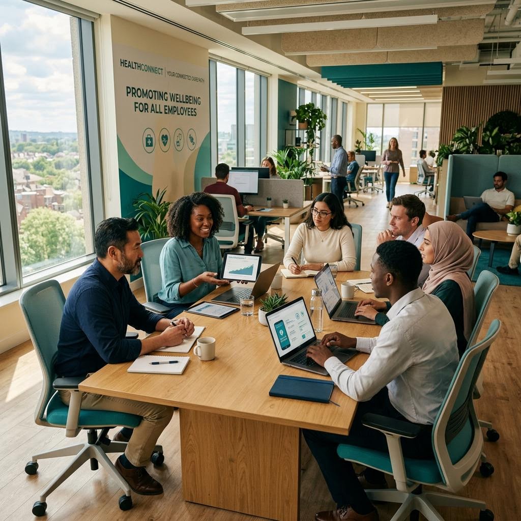 Professionals collaborating in a modern office