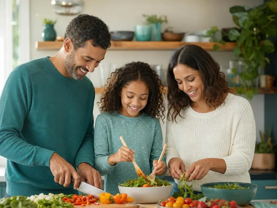Family preparing a healthy meal together at home