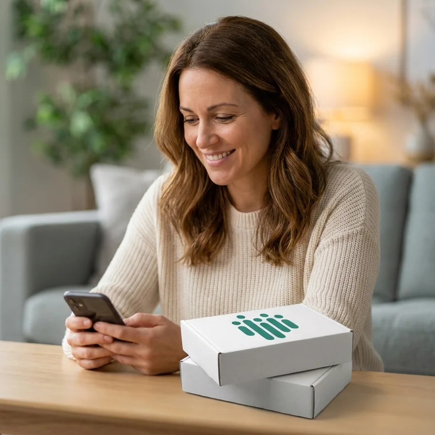 Woman using her phone beside an AZOVA functional lab testing kit