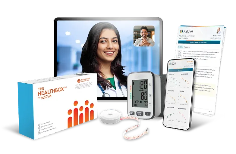 The HEALTHBOX kit with a video visit, blood pressure cuff, measuring tape and digital health report