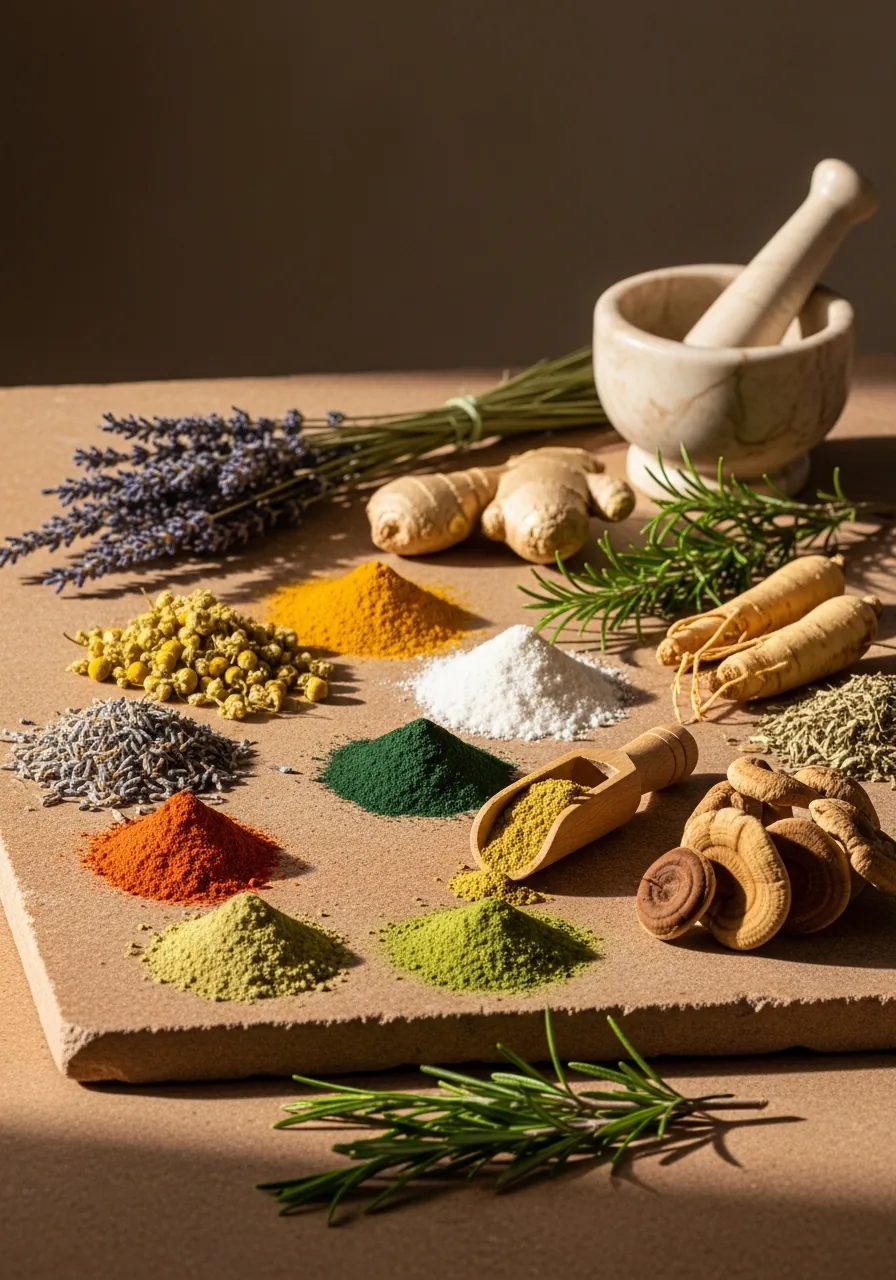 Supplement bottles displayed on a wooden board with whole-food botanicals — turmeric, spirulina, lavender, chamomile, mushrooms, and rosemary