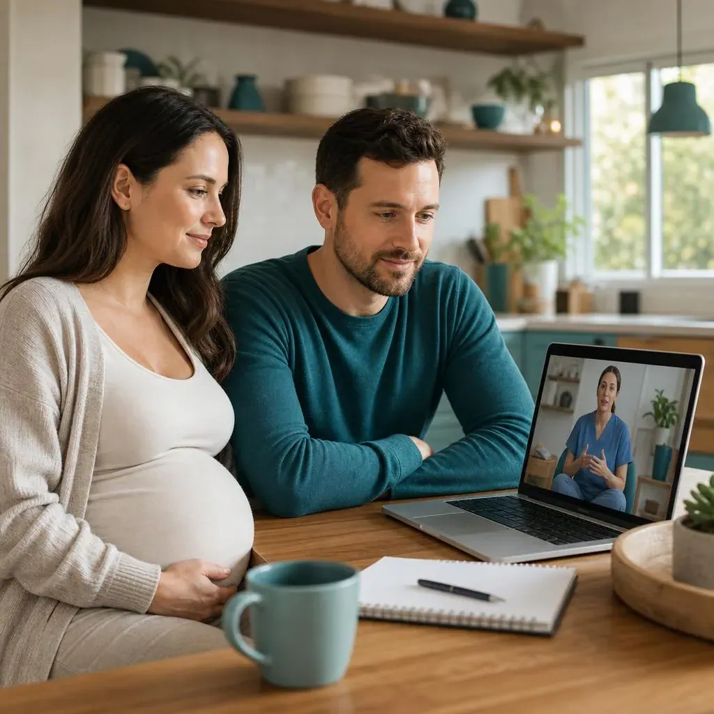 An expectant couple attending a virtual childbirth education class