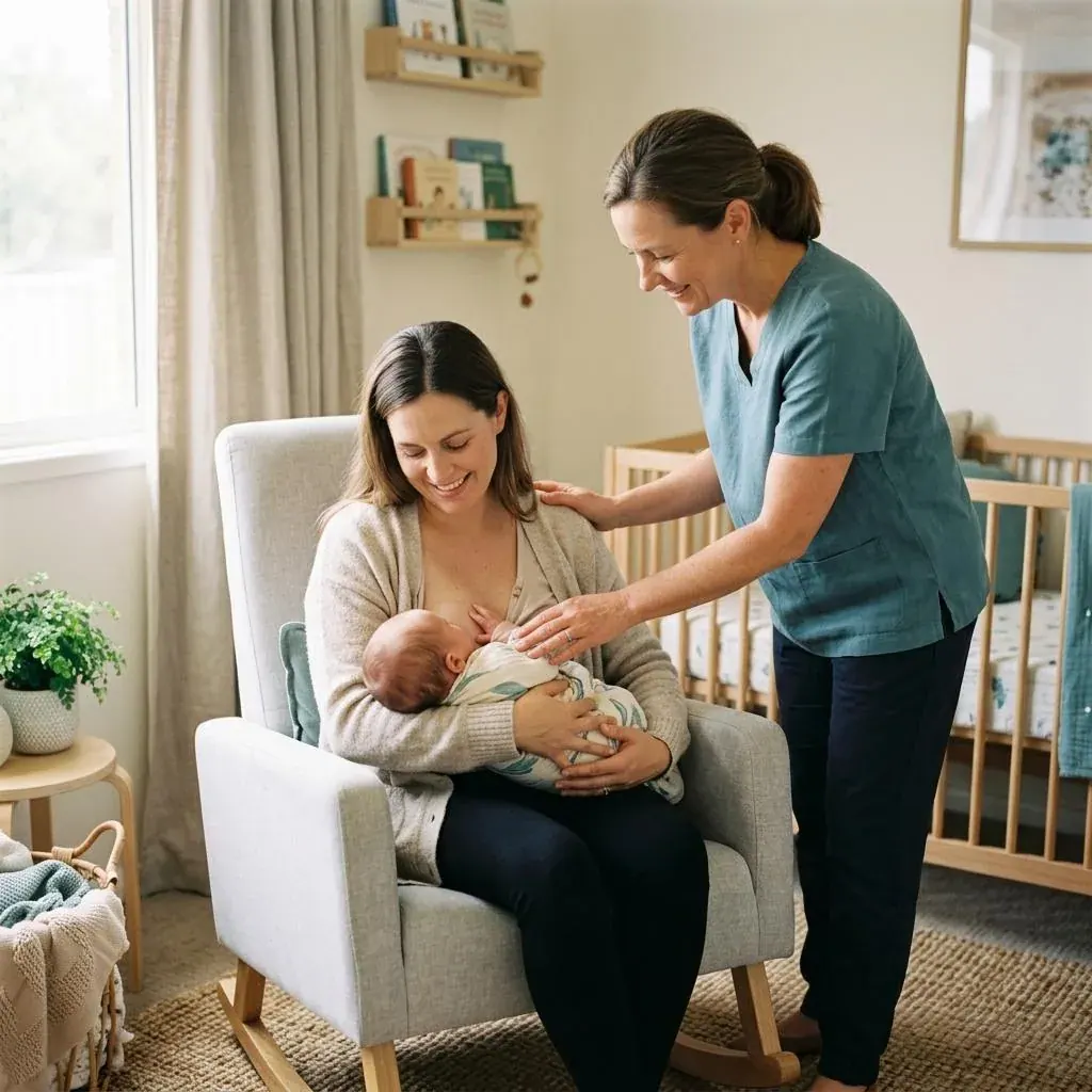 A lactation consultant guiding a mother while breastfeeding her infant
