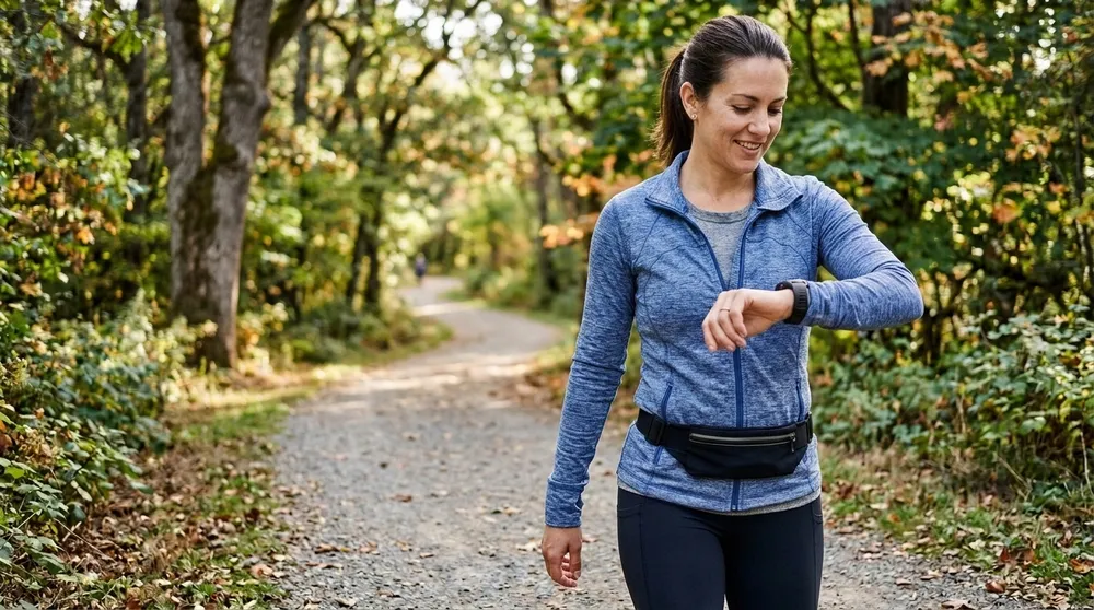 Woman checking her watch while walking on a wooded trail