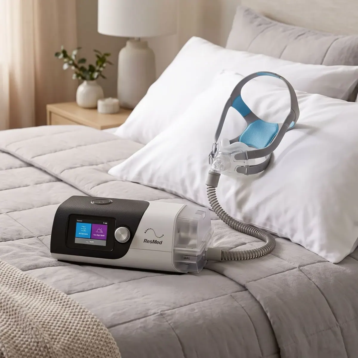A ResMed CPAP machine and mask resting on a bed