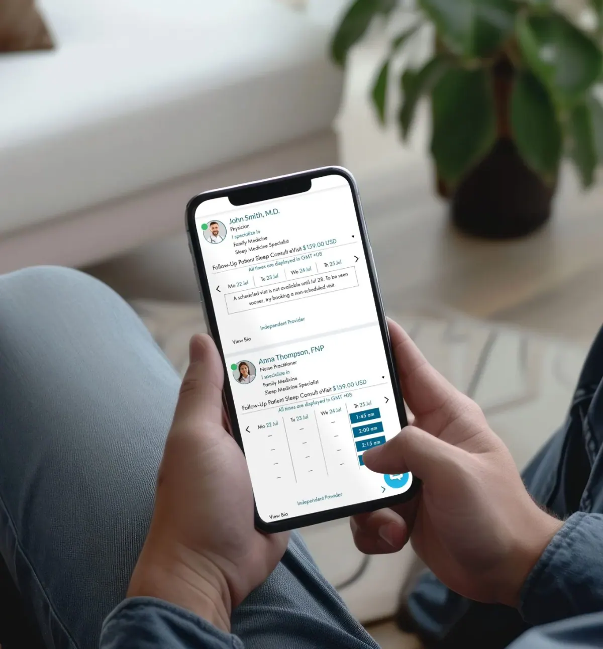 A patient choosing a sleep care provider and appointment time in the AZOVA app
