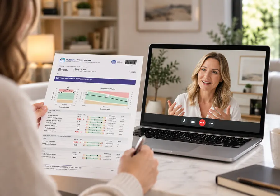 Person holding lab results during a virtual consultation with a functional medicine clinician