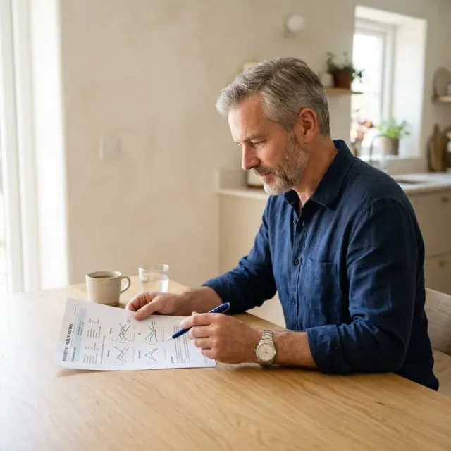 A woman reviewing printed lab result charts at a bright kitchen table