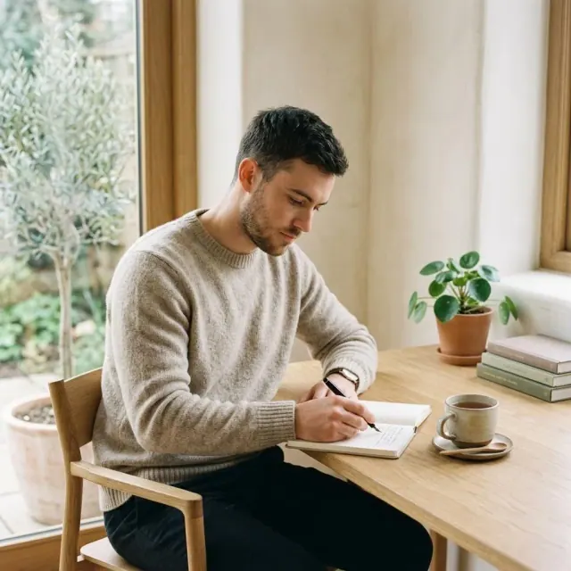 A person writing progress notes in a journal at a tidy desk