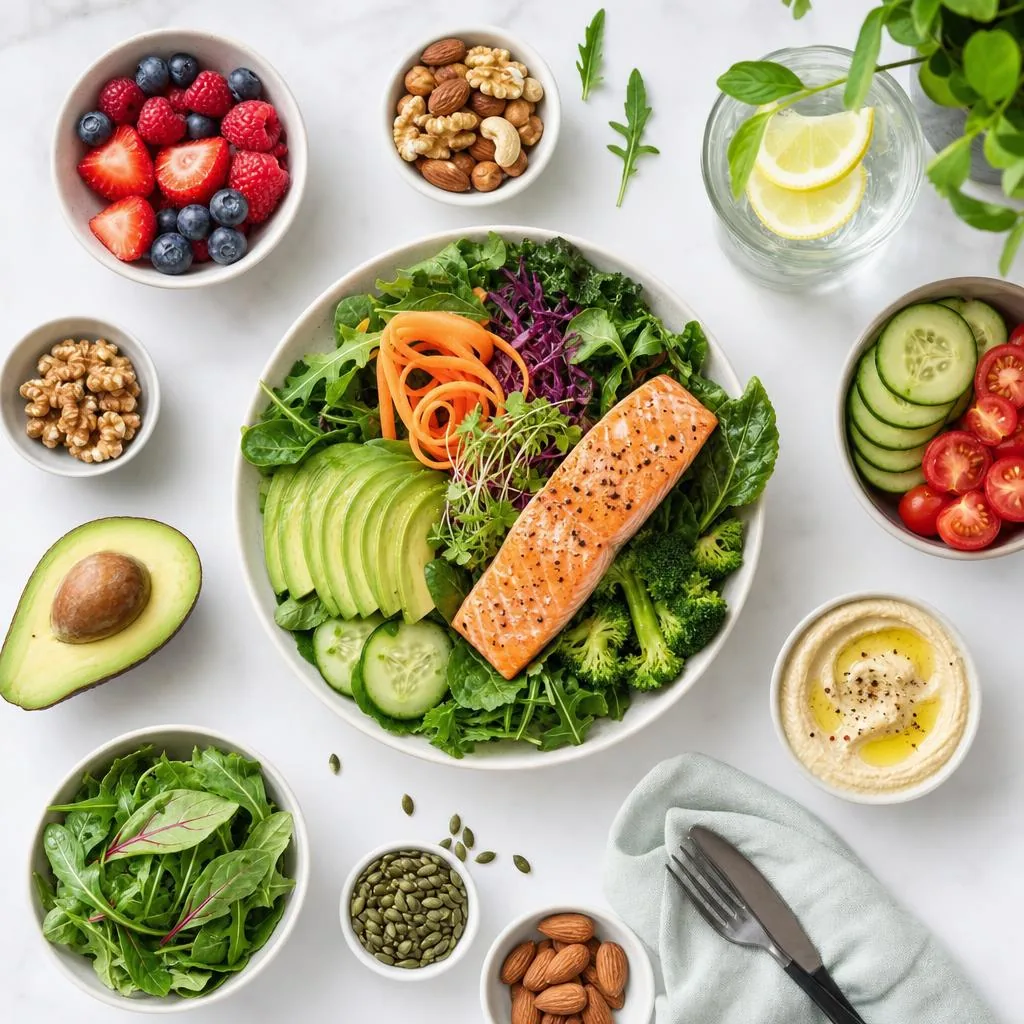 Nutrition-focused meal with vegetables, fruit, and salmon