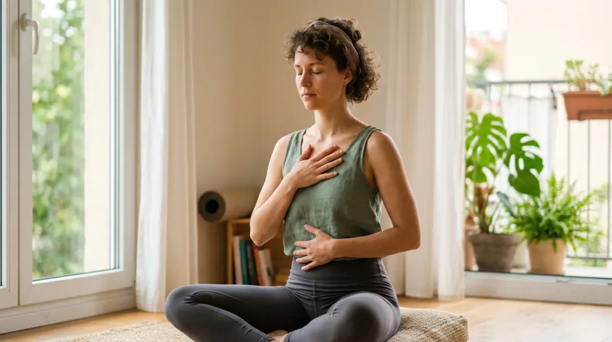 A woman practicing a calming breathing exercise at home