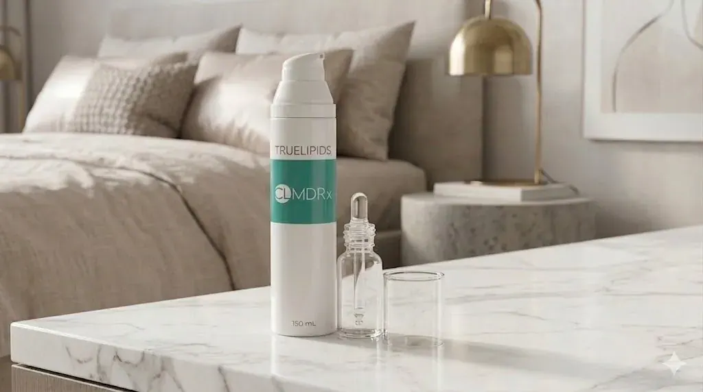 A custom-compounded TRUELIPIDS CLMDRx prescription skincare bottle with dropper on a marble surface in a softly lit bedroom — symbolizing personalized prescription protocols delivered to your door
